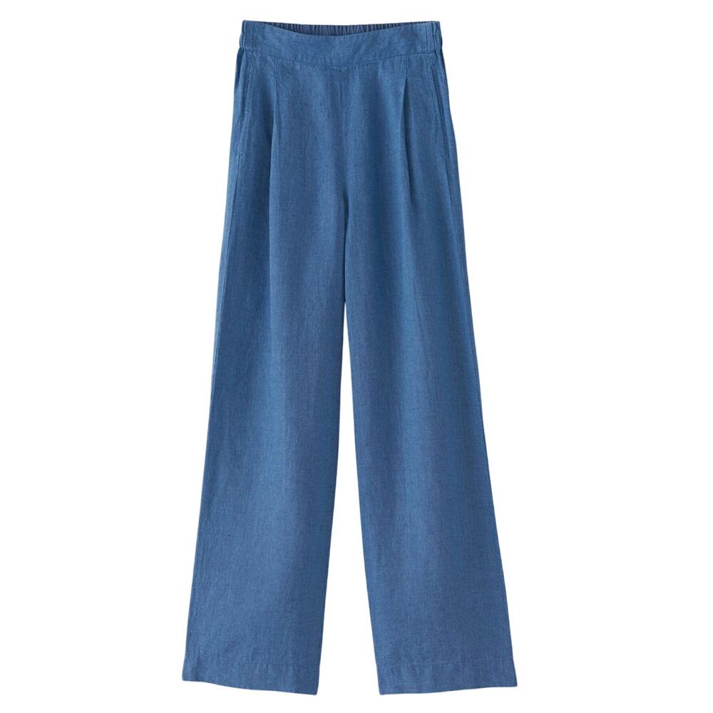 Poetry 100% Linen Flat Front Trousers Pants in Indigo Blue Size 14 Wide Leg